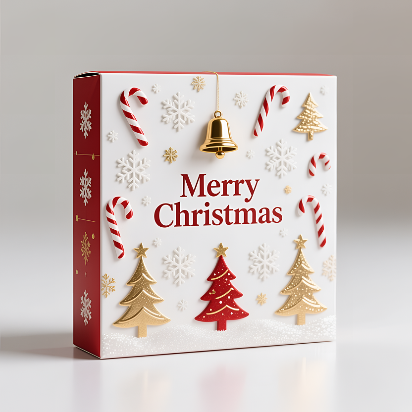 A bottle of Christmas-themed lotion or hand soap sits on a pristine white countertop against a soft, warm backdrop. The bottle is white, adorned with embossed snowflakes and gold accents, and features the words "Merry Christmas" in elegant gold serif lettering. It is further decorated with holly leaves, gold ornaments, and a gold ribbon tied to the pump.