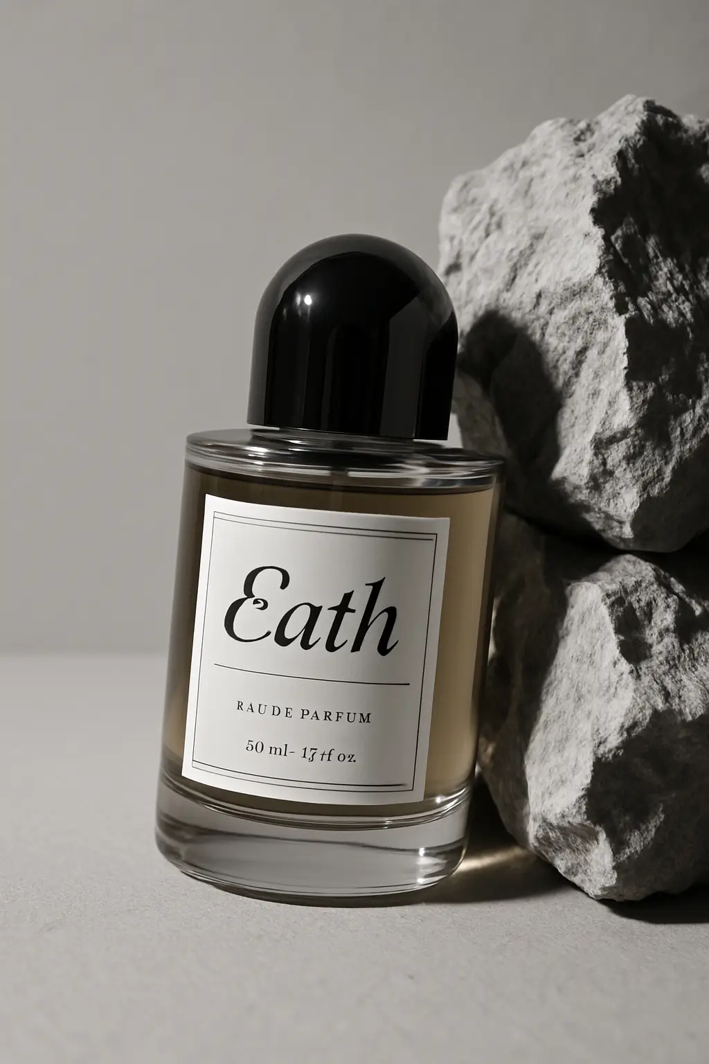 Frasco de perfume en primer plano, líquido dorado, etiqueta blanca con "Eath" en cursiva y texto más pequeño, líneas decorativas, diseño equilibrado. El frasco descansa sobre rocas grises/blancas ásperas y entrelazadas. Fondo gris claro suave. Iluminación dramática, con fuertes reflejos y sombras en las rocas y el frasco, acentuando la forma y textura. Tono general gris claro. Estilo moderno y frío.