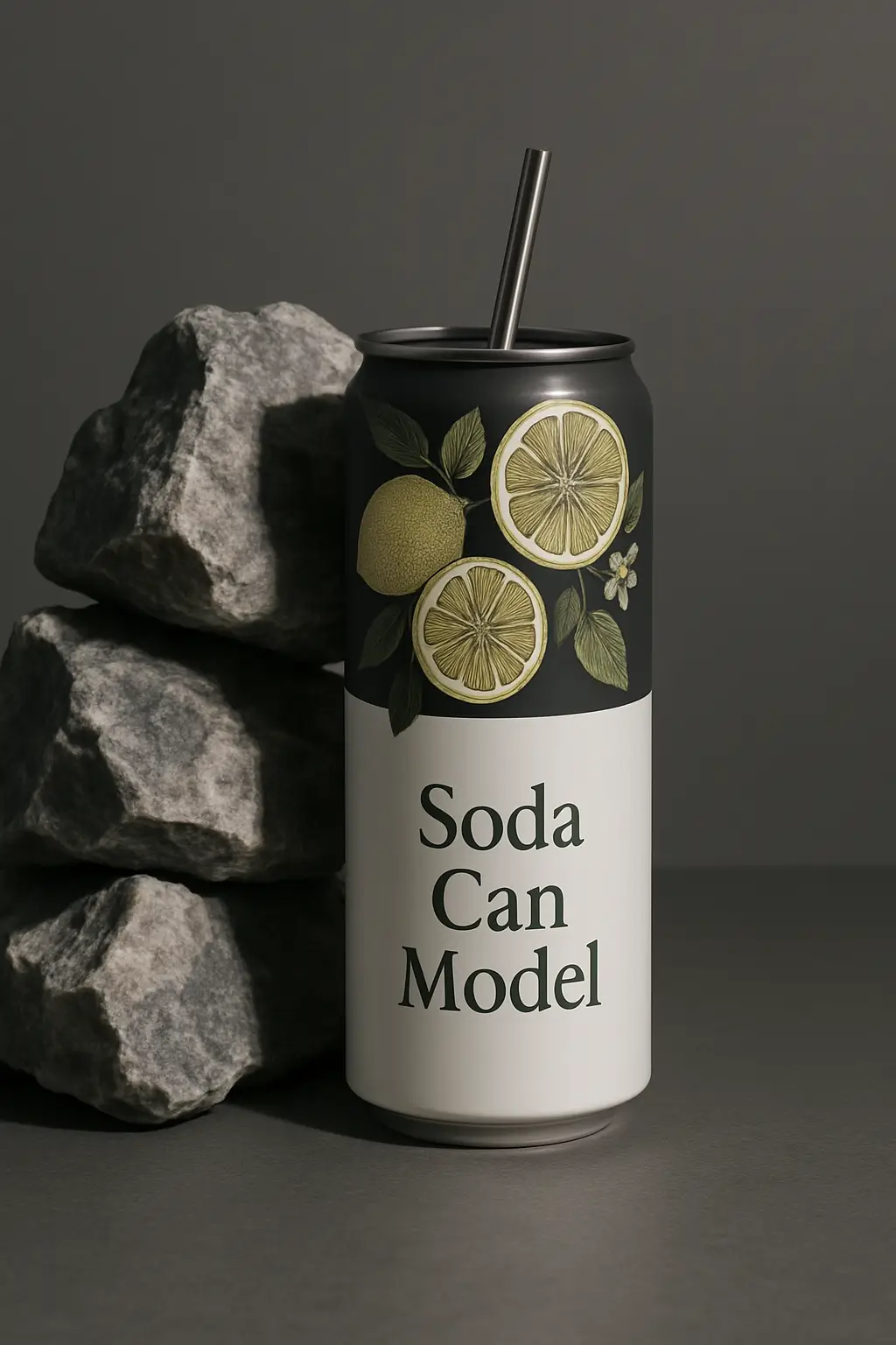 Modelo de lata de soda de aluminio suave; exhibición simple y moderna. Parte superior oscura con ilustraciones realistas de una rodaja de limón, hoja y flor; parte inferior blanca con texto apilado "Modelo de Lata de Soda" en verde y negro. La lata se apoya en rocas ásperas, entrelazadas de color gris y blanco. Fondo gris suave. Iluminación dramática crea fuertes reflejos y sombras sobre las rocas y la lata, enfatizando forma y textura. Estilo frío y moderno.