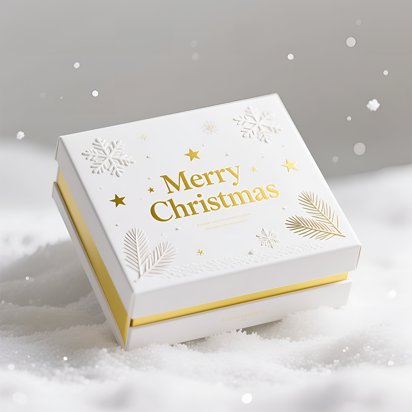 An exquisite Christmas gift box sits on a soft, snow-covered ground, snowflakes gently falling. The box boasts an elegant and simple design, its white exterior adorned with embossed snowflakes, stars, and pine needles. The words "Merry Christmas" are presented in gold foil lettering, the interplay of light and shadow adding a subtle beauty. The edges of the box are trimmed in gold with a sophisticated matte finish, filling the entire setting with a festive atmosphere.