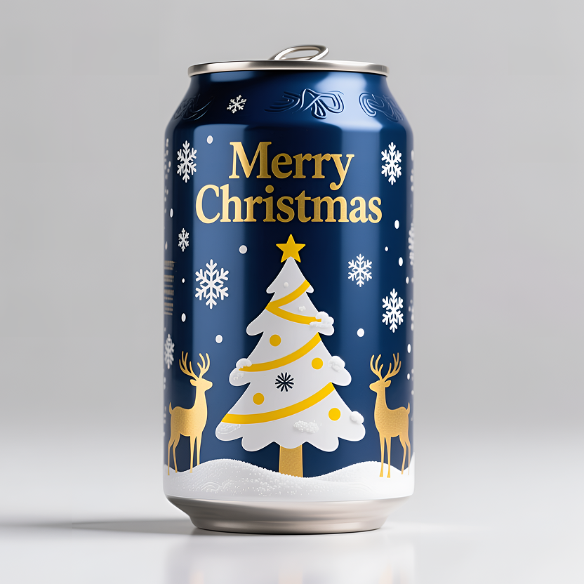 This Christmas-themed soft drink can features a pristine white surface. The can is deep blue, adorned with elegant gold and white patterns depicting a beautifully decorated Christmas tree topped with a star, surrounded by golden reindeer and snowflakes. The words "Merry Christmas" are prominently printed in gold near the top. Soft, even lighting creates a realistic reflective effect on the can's metallic surface.