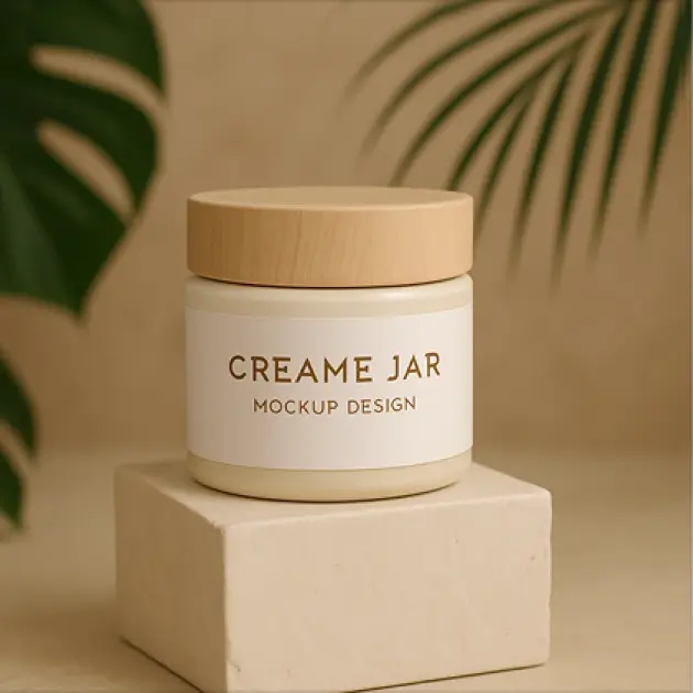 Tarro de crema con tapa de madera y etiqueta beige.