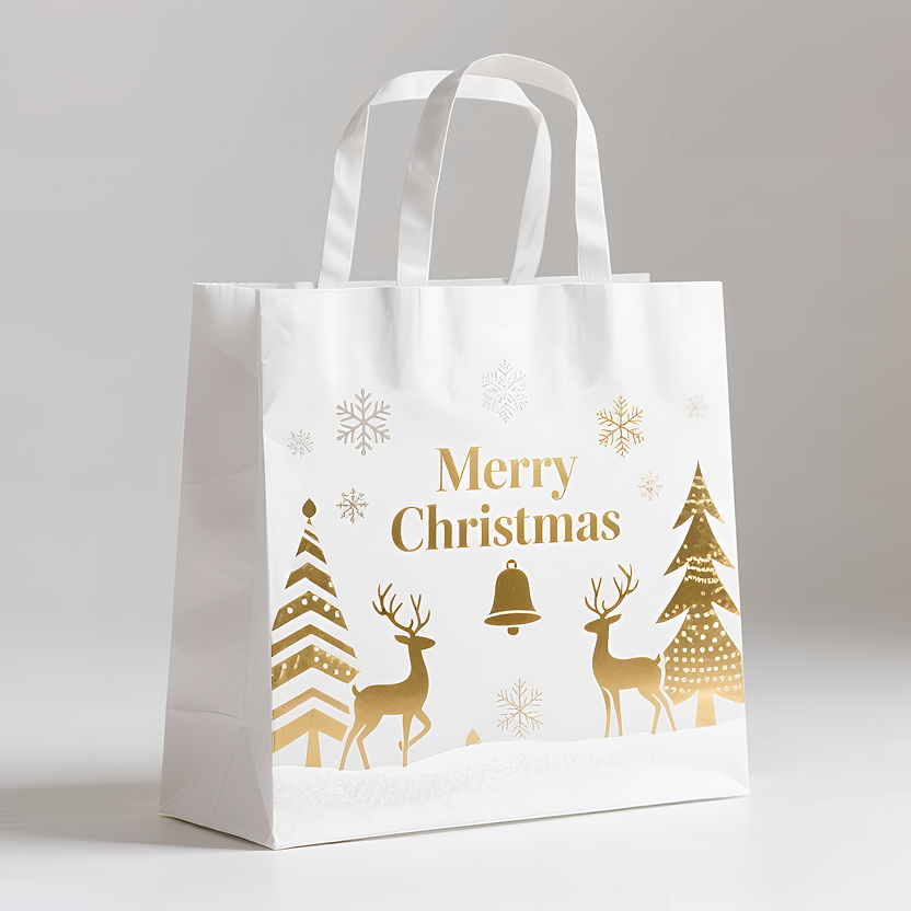 A stylish white Christmas gift bag. The design features an elegant golden reindeer, Christmas tree, snowflakes, and a small bell, with the words "Merry Christmas" printed in gold in the center. The gift bag has a smooth white handle and is set against a simple background, where soft lighting and subtle shadows create a warm and inviting atmosphere.