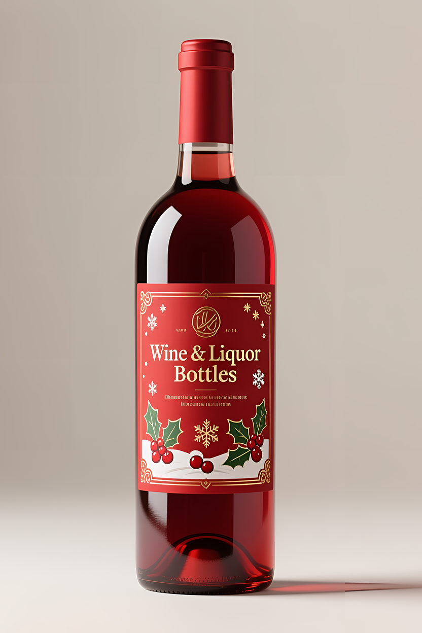 A lifelike product photo shows a bottle of red wine standing upright against a light beige background. The bottle features a deep red cap and a festive label design. The label is elegant and refined, adorned with a gold border, snowflakes, holly leaves, and red berries. The text "Wine and Spirits Bottles" on the label is in a classic serif font, centered and balanced. Soft, even lighting creates a warm, festive atmosphere.