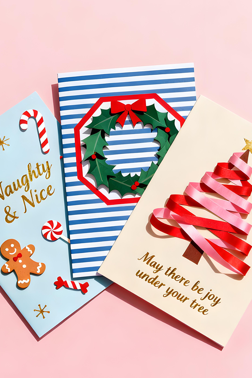 These Christmas cards, illustrated in a modern flat style, feature three festive cards fanned out against a pink background with soft sunlight. Each card features clean lines, a minimalist layout, and festive colors. The left card features a light blue background adorned with candy canes, a gingerbread man, candies, and the gold-embossed text "Naughty & Nice." The center card features a light blue and white striped background with a green holly wreath framed in red, creating an elegant and classic look. The right card features a beige background with a pine tree made of red and pink ribbons and the gold-embossed text "May there be joy under your tree." The simple, lively, and cheerful holiday aesthetic emphasizes harmonious colors, texture, and the joyful Christmas spirit.