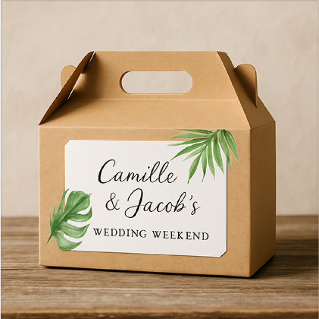  Caja de regalo de cartón con diseño de hojas tropicales y nombres "Camille & Jacob's Wedding Weekend".
