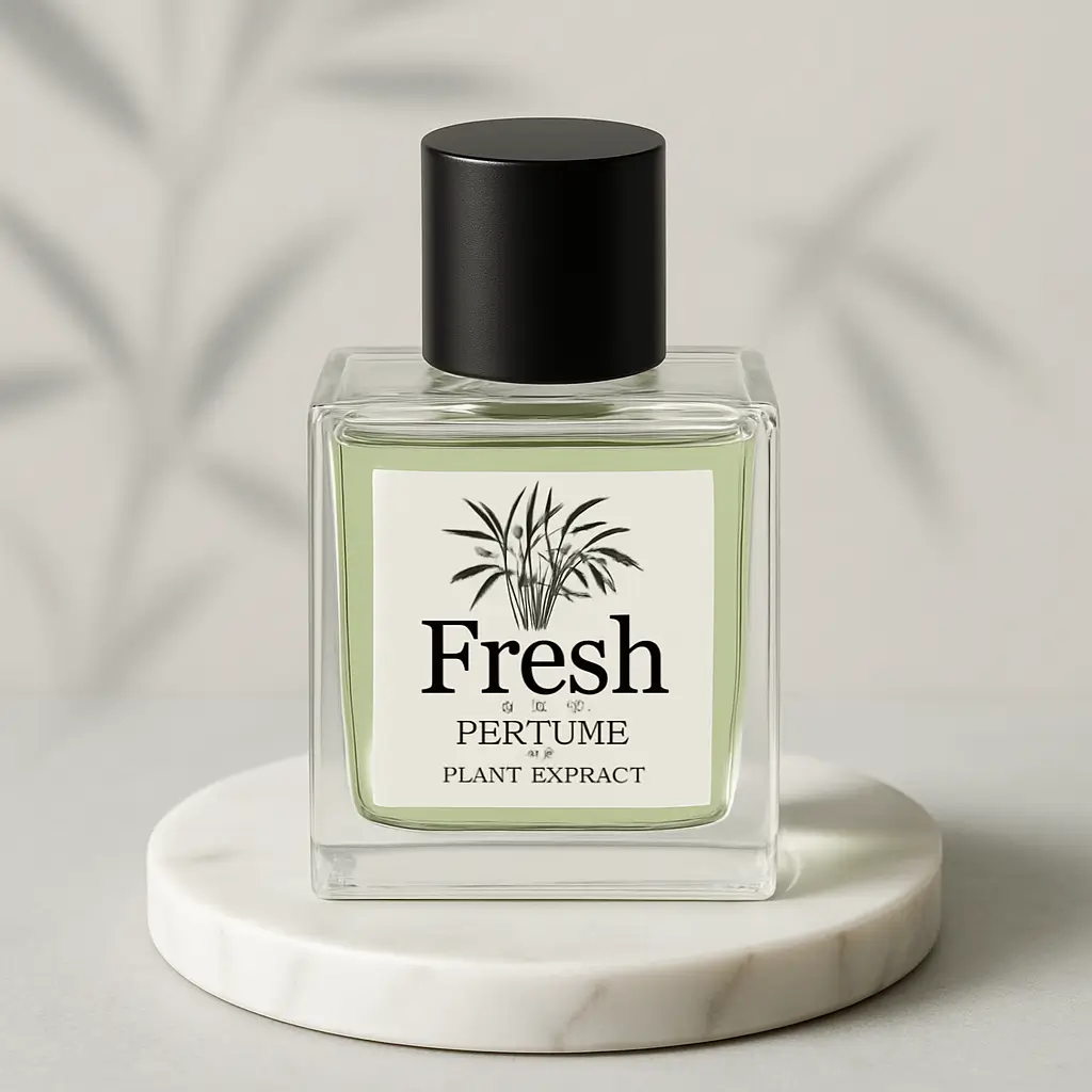 Un frasco cuadrado de vidrio transparente para perfume lleno de un líquido verde claro. Etiqueta blanca simple: el llamativo "Fresh" negro (completamente a base de plantas), y en menor tamaño "Perfume" y "Extracto de Planta". La etiqueta está decorada con un elaborado dibujo de tallos y hojas de bambú, reemplazando las formas abstractas. Centrado sobre una base circular de mármol blanco. Fondo gris claro, suaves sombras abstractas de hojas de bambú. Una luz suave y difusa resalta el vidrio, la etiqueta y el mármol. Este estilo moderno y elegante muestra la pureza, elegancia y el aroma fresco de bambú del perfume de alta gama.